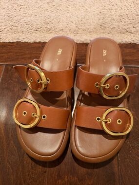 ZARA Tan Double-Buckle Slide Sandals with Gold Rings